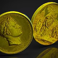 Shiny Golden Coins With Head Portrait And Relief Design Shiny Surface And Engraved Text