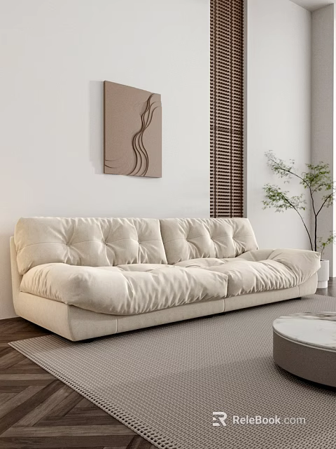 Cozy Beige Fabric Two Seater Sofa In Modern Living Room With Decorative Painting And Plant 3d model 