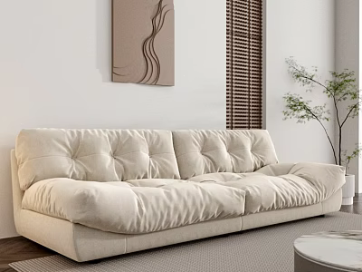 Cozy Beige Fabric Two Seater Sofa In Modern Living Room With Decorative Painting And Plant 3d model