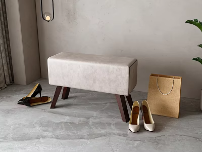 Light Gray Upholstered Bench With Wooden Legs And High Heels Near Shopping Bag And Plant 3d model