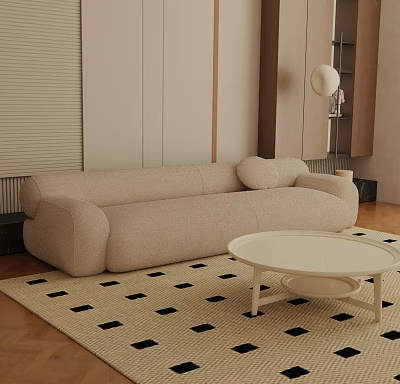 Beige Three Seater Sofa in Modern Living Room with Round Coffee Table and Diamond Rug 3d model