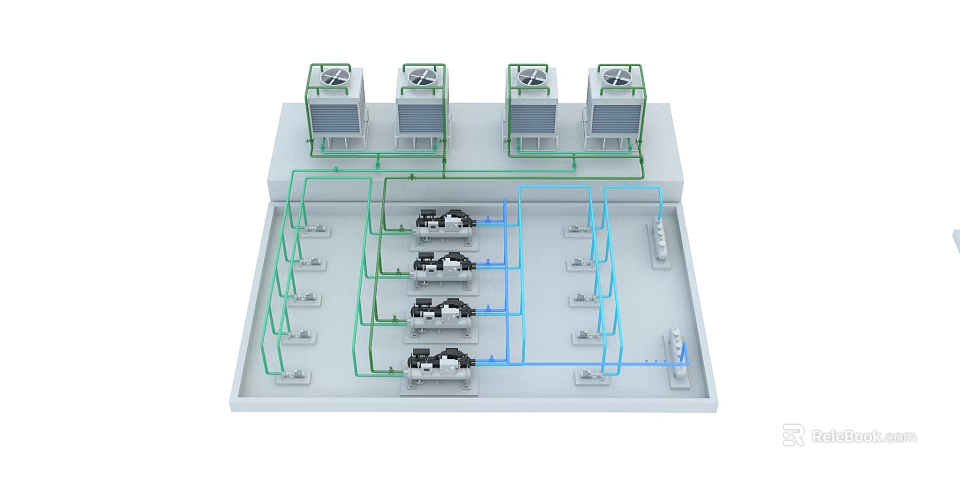 Industrial Factory Layout With Top HVAC Units And Colored Pipes Connecting Workstations 3d model 