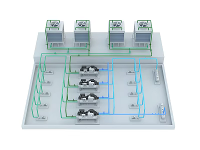 Industrial Factory Layout With Top HVAC Units And Colored Pipes Connecting Workstations 3d model