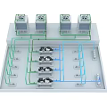 Industrial Factory Layout With Top HVAC Units And Colored Pipes Connecting Workstations