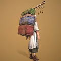 Elderly Game Movie Character In Traditional Robe Carrying Wooden Frame With Hanging Lantern And Ornaments