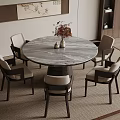 Modern Round Marble Dining Table Set With Four Chairs And Decorative Vase 3d model