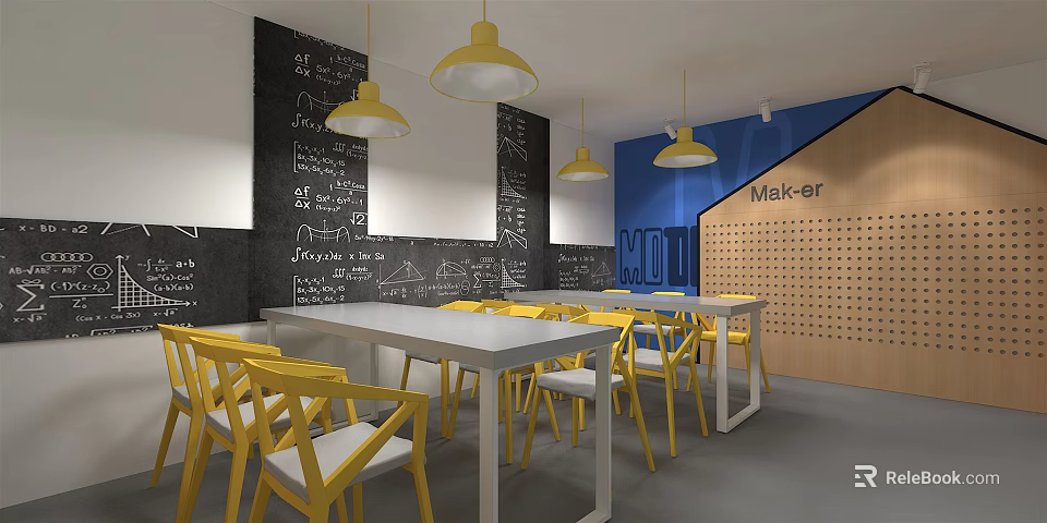 School Classroom With Yellow Chairs White Long Tables Blackboard Math Formulas Blue Maker Area 3d model 
