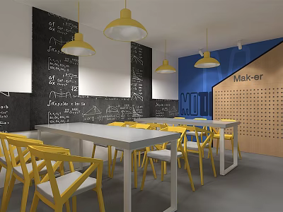 School Classroom With Yellow Chairs White Long Tables Blackboard Math Formulas Blue Maker Area 3d model