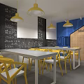 School Classroom With Yellow Chairs White Long Tables Blackboard Math Formulas Blue Maker Area