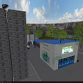 Community Service Center With Blue Roof Parking Lot Cars Trees And Urban View