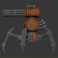 Spider Shaped Mechanical Weapon With Orange Silver Body And Rotating Cannon Barrel