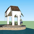 Waterfront Landscape Pavilion With Wooden Roof And White Pillars Connected By Stone Pathway