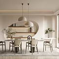 Modern Minimalist Restaurant Interior With Dining Table Pendant Lights And Green Plants
