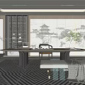 Traditional Chinese Tea Room Interior With Landscape Painting Screen Wooden Tea Table And Green Plants