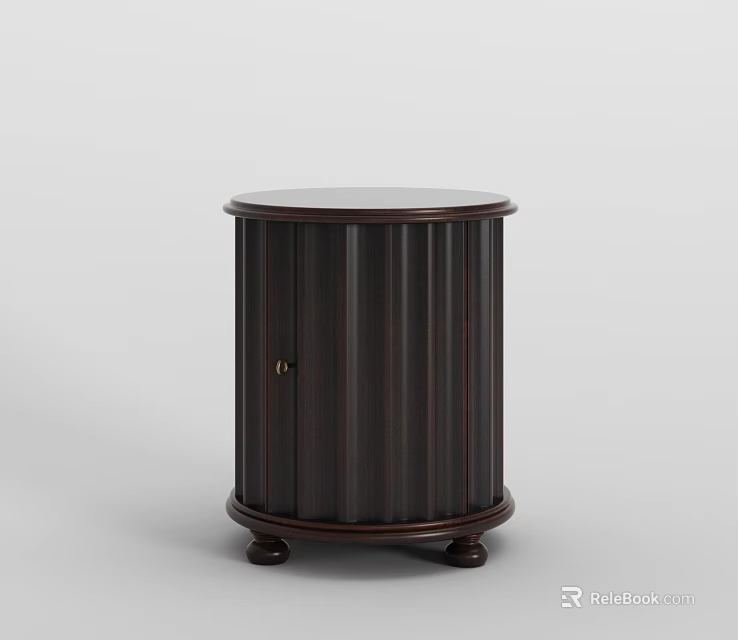 Dark Brown Wooden Bedside Table With Ribbed Design Single Door And Curved Feet For Bedroom Interior 3d model 