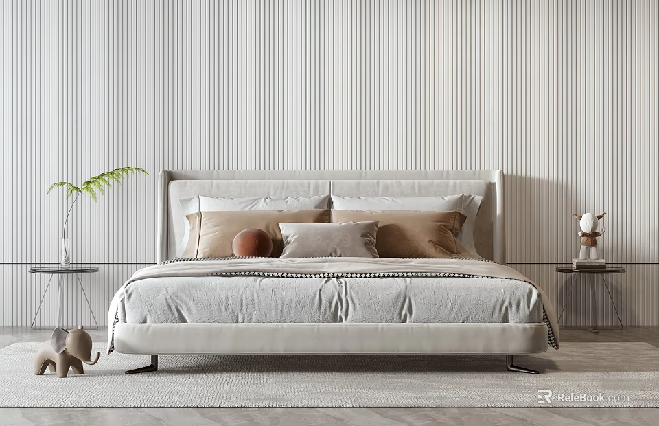 Double Bed In Beige Tones Featuring Multiple Pillows Side Nightstands Green Plant And Striped Wall 3d model 