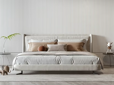 Double Bed In Beige Tones Featuring Multiple Pillows Side Nightstands Green Plant And Striped Wall 3d model