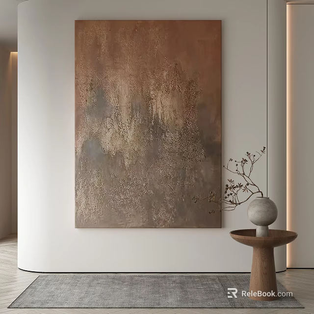 Abstract Painting With Brown Gold Gray Tones In Modern White Wall Interior 3d model 