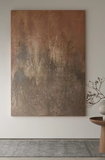 Abstract Painting With Brown Gold Gray Tones In Modern White Wall Interior 3d model
