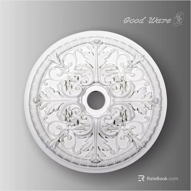Decorative White Circular Ceiling Medallion with Intricate Patterns and Central Hole 3d model 