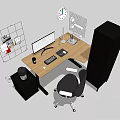 Modern Office Desk With Black Chair Monitor Lamp Grid Wall Clock And Filing Cabinet