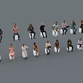 Group of People Sitting on Chairs with Various Poses Different Clothing Styles Against Gray Background
