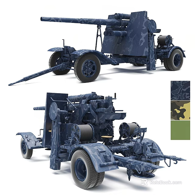 Military Anti Aircraft Weapon Gun With Camouflage Pattern And Trailer Wheels 3d model 