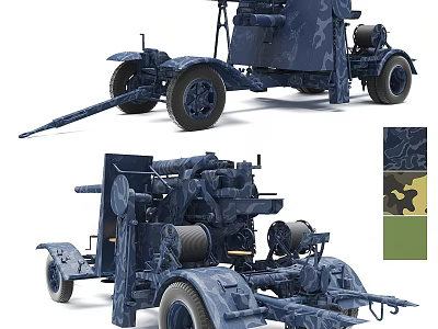 Military Anti Aircraft Weapon Gun With Camouflage Pattern And Trailer Wheels 3d model