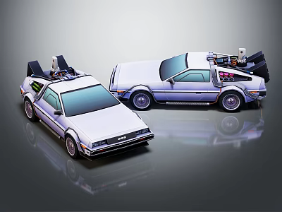 DeLorean DMC 12 Retro Futuristic Cars with Gullwing Doors and Rear Equipment on Reflective 3d model