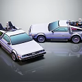 DeLorean DMC 12 Retro Futuristic Cars with Gullwing Doors and Rear Equipment on Reflective