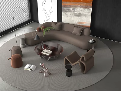 Modern Curved Brown Sofa And Coffee Table Set With Round Rug Artwork And Floor Lamp 3d model