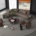 Modern Curved Brown Sofa And Coffee Table Set With Round Rug Artwork And Floor Lamp