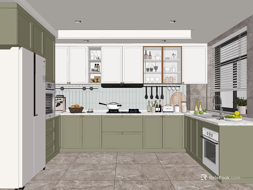 Modern Kitchen Interior With Green Cabinets White Upper Cabinets Tile Floor Blinds And Hanging Utensils 3d model 