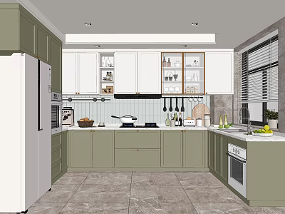 Modern Kitchen Interior With Green Cabinets White Upper Cabinets Tile Floor Blinds And Hanging Utensils 3d model