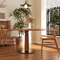 Natural Wooden Dining Table Set with Two Chairs Flower Vase by Window and Indoor Plant