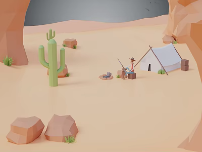 Cartoon Desert Scene With Cactus Tent Cowboy Figure Rocks Small Plants And Sandy Ground 3d model