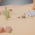 Cartoon Desert Scene With Cactus Tent Cowboy Figure Rocks Small Plants And Sandy Ground