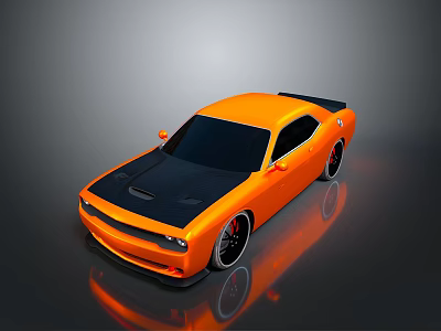Orange Two Door Muscle Car With Black Hood And Shiny Exterior Design 3d model