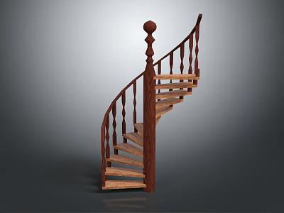 Modern Wooden Spiral Staircase With Smooth Steps Curved Handrail And Round Finial 3d model