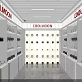 Modern COOLMOON Store Interior With White Shelves Central Showcase Wall And Products