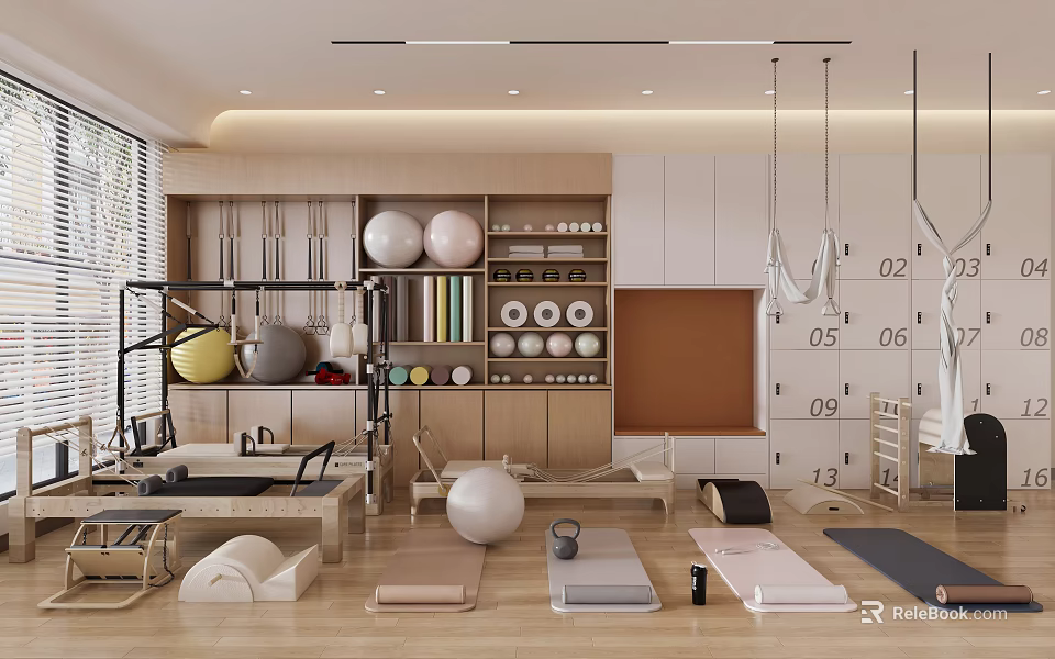 Modern Bright Yoga Studio Interior With Yoga Mats Exercise Balls Hammocks Wooden Shelves And Calendars 3d model 