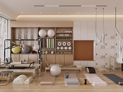Modern Bright Yoga Studio Interior With Yoga Mats Exercise Balls Hammocks Wooden Shelves And Calendars 3d model