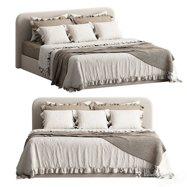 Modern Double Bed With Upholstered Headboard Multiple Pillows And Neutral Bedding 3d model