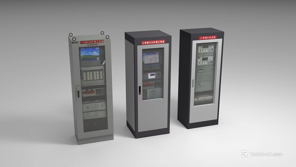 Three Industrial Equipment Control Cabinets Featuring Display Screens And Control Panels 3d model 