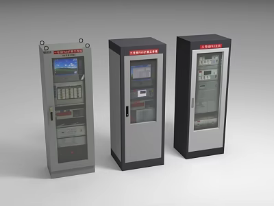 Three Industrial Equipment Control Cabinets Featuring Display Screens And Control Panels 3d model