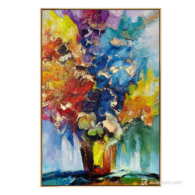 Colorful Abstract Oil Painting With Vibrant Blue Yellow Red And Gold Accents 3d model 