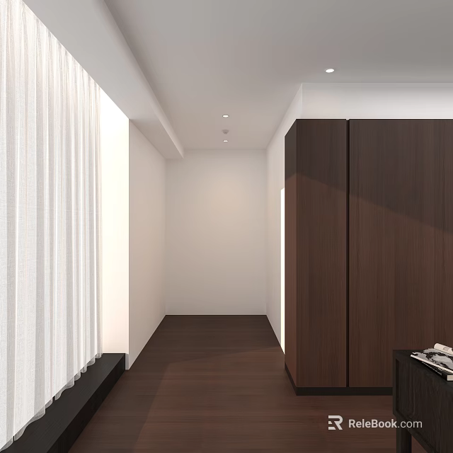 Modern Minimalist Living Room With Dark Wood Cabinet Sheer Curtain And Recessed Ceiling Lights 3d model 