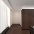 Modern Minimalist Living Room With Dark Wood Cabinet Sheer Curtain And Recessed Ceiling Lights