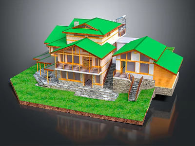Cartoon Style House Scene With Green Roof Wooden Structure And Lawn Steps 3d model