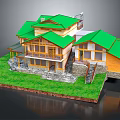Cartoon Style House Scene With Green Roof Wooden Structure And Lawn Steps